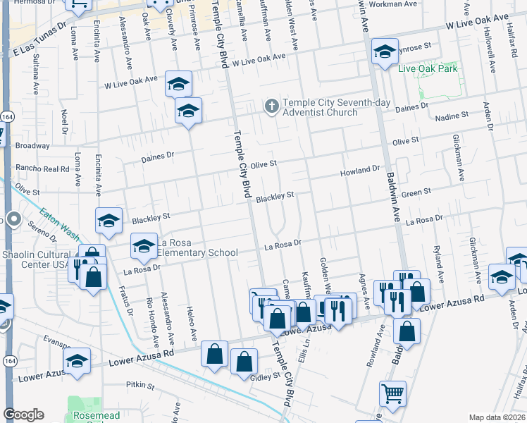 map of restaurants, bars, coffee shops, grocery stores, and more near 5145 Camellia Avenue in Temple City