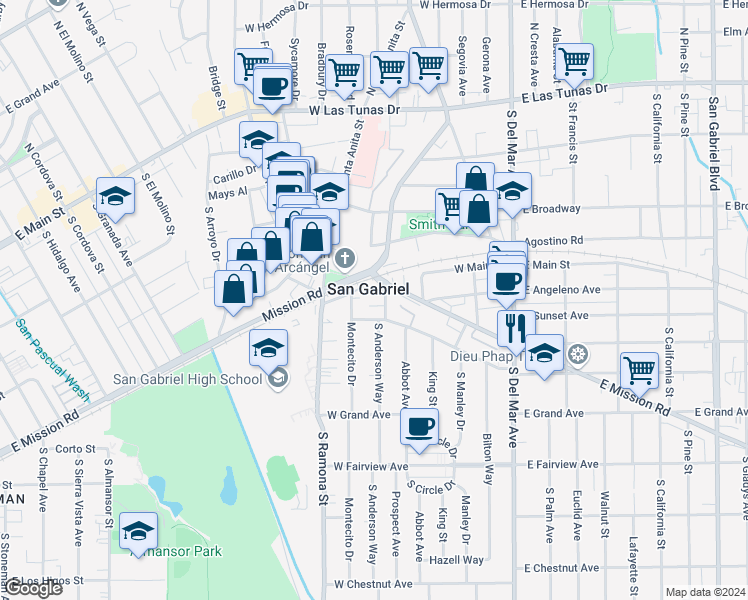 map of restaurants, bars, coffee shops, grocery stores, and more near 405 West Orange Street in San Gabriel