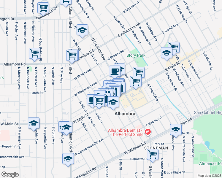 map of restaurants, bars, coffee shops, grocery stores, and more near 25 North 2nd Street in Alhambra