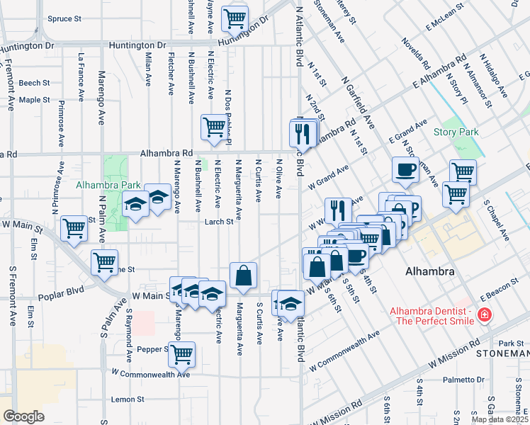 map of restaurants, bars, coffee shops, grocery stores, and more near 224a North Curtis Avenue in Alhambra