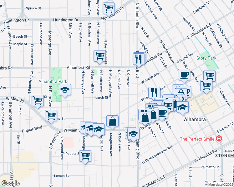 map of restaurants, bars, coffee shops, grocery stores, and more near 224a North Curtis Avenue in Alhambra