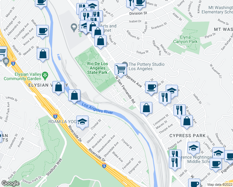 map of restaurants, bars, coffee shops, grocery stores, and more near 29 River Edge Road in Los Angeles
