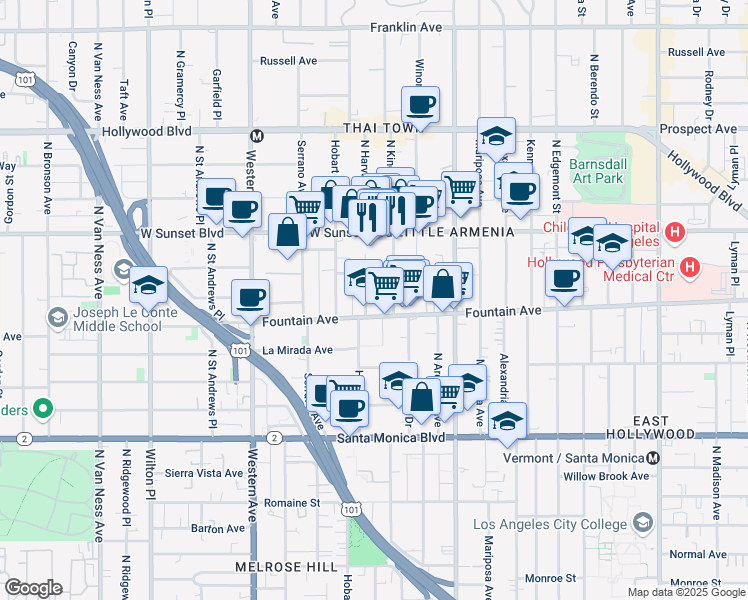 map of restaurants, bars, coffee shops, grocery stores, and more near 5230 North Harvard Boulevard in Los Angeles