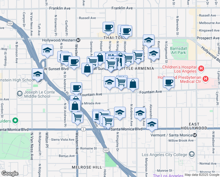 map of restaurants, bars, coffee shops, grocery stores, and more near 5310 Fountain Avenue in Los Angeles