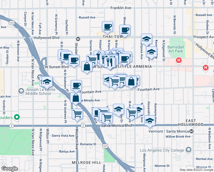 map of restaurants, bars, coffee shops, grocery stores, and more near 5310 Fountain Avenue in Los Angeles