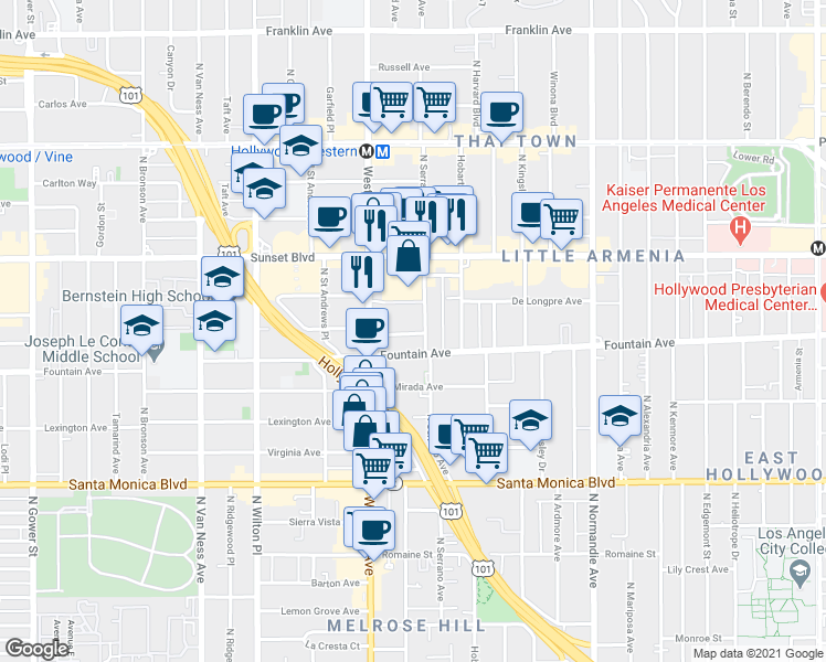 map of restaurants, bars, coffee shops, grocery stores, and more near 5432 1/2 Fountain Avenue in Los Angeles