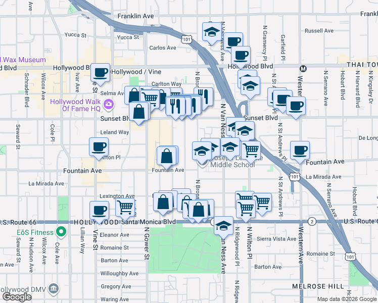 map of restaurants, bars, coffee shops, grocery stores, and more near in Los Angeles