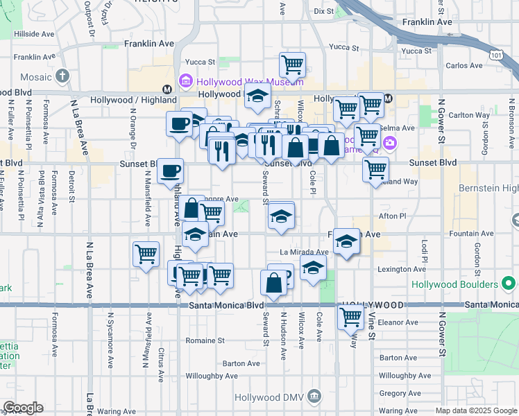 map of restaurants, bars, coffee shops, grocery stores, and more near 1317 Seward Street in Los Angeles