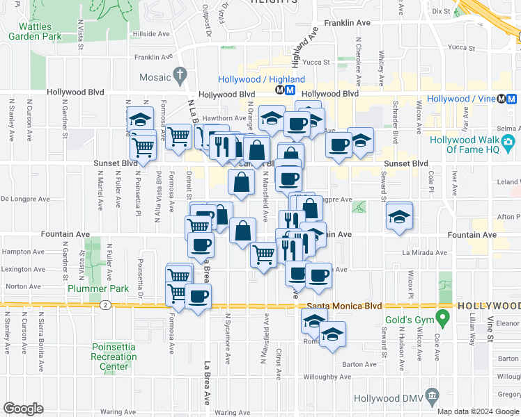 map of restaurants, bars, coffee shops, grocery stores, and more near 1317 North Mansfield Avenue in Los Angeles