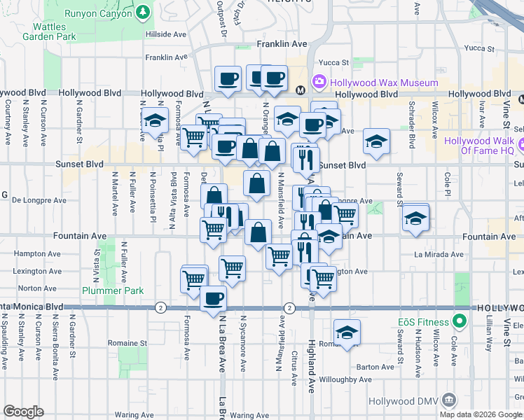 map of restaurants, bars, coffee shops, grocery stores, and more near 1317 North Mansfield Avenue in Los Angeles