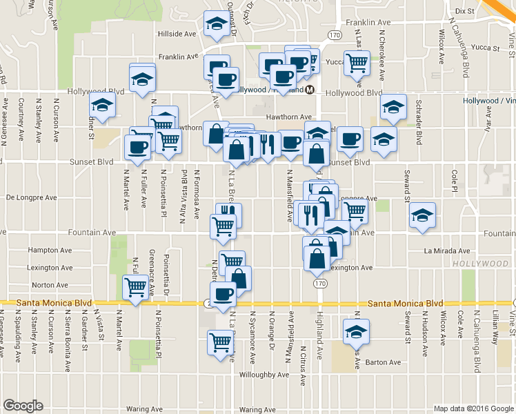 map of restaurants, bars, coffee shops, grocery stores, and more near 1320 North Sycamore Avenue in Los Angeles