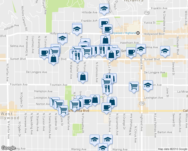 map of restaurants, bars, coffee shops, grocery stores, and more near in Los Angeles