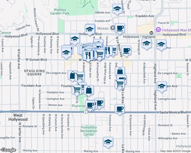 map of restaurants, bars, coffee shops, grocery stores, and more near 1321 North Poinsettia Place in Los Angeles