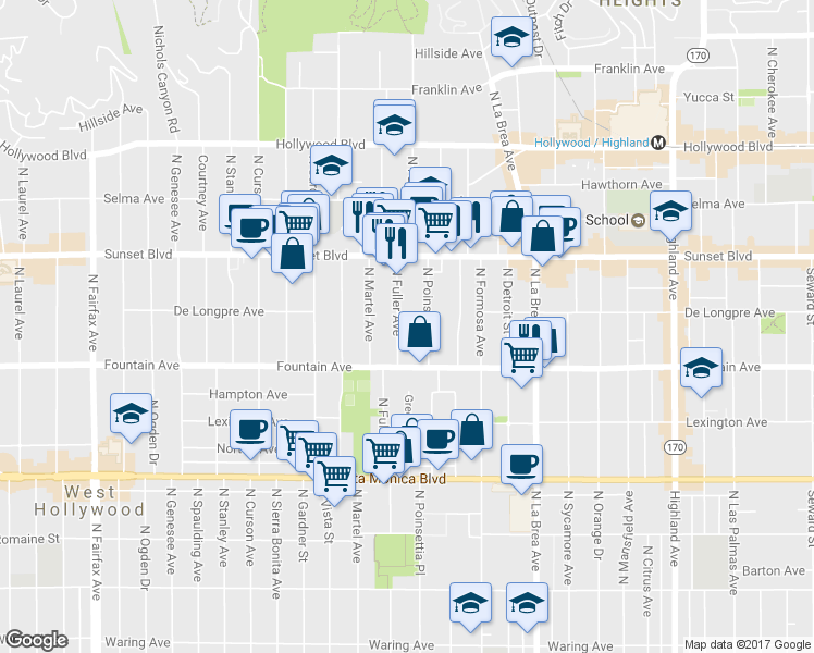 map of restaurants, bars, coffee shops, grocery stores, and more near 1321 North Poinsettia Place in Los Angeles