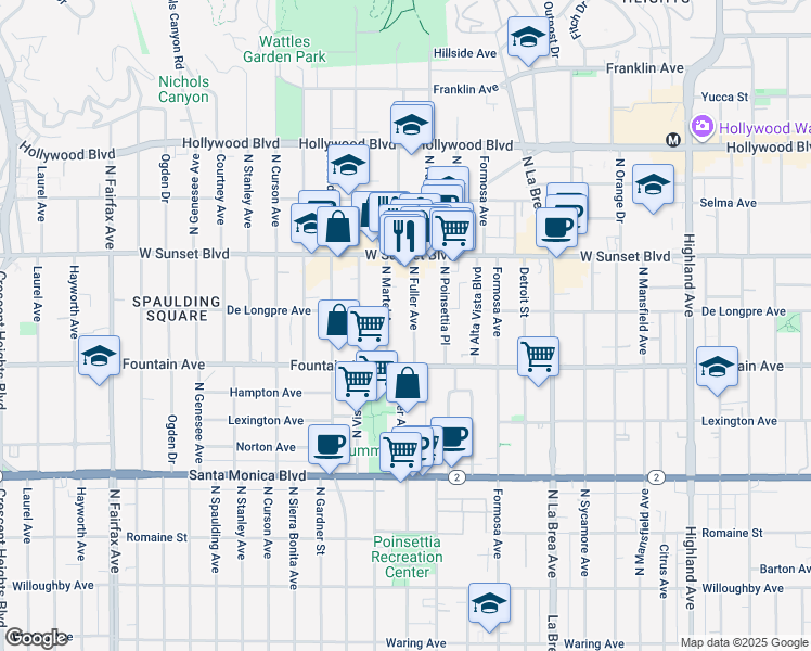 map of restaurants, bars, coffee shops, grocery stores, and more near 1323 North Fuller Avenue in Los Angeles
