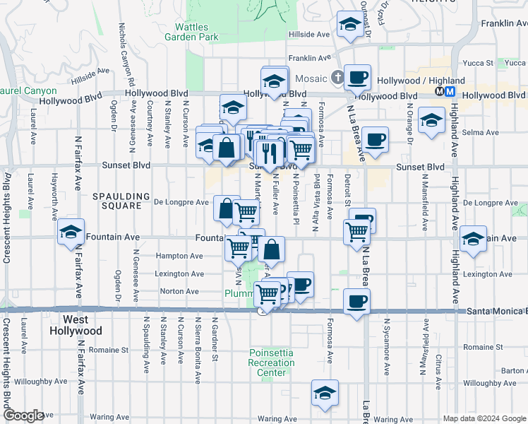 map of restaurants, bars, coffee shops, grocery stores, and more near 1323 North Fuller Avenue in Los Angeles