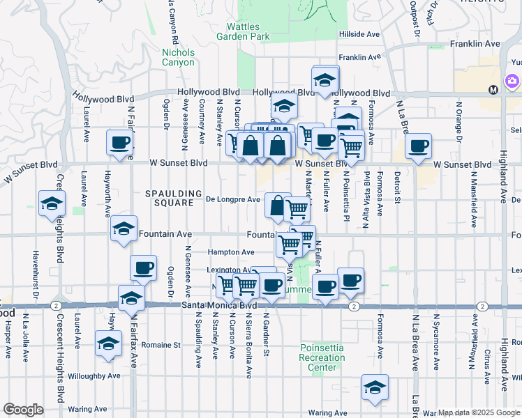 map of restaurants, bars, coffee shops, grocery stores, and more near 1317 North Gardner Street in Los Angeles