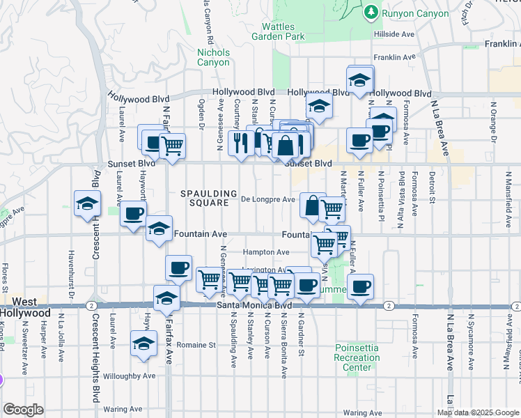 map of restaurants, bars, coffee shops, grocery stores, and more near 1317 North Stanley Avenue in Los Angeles