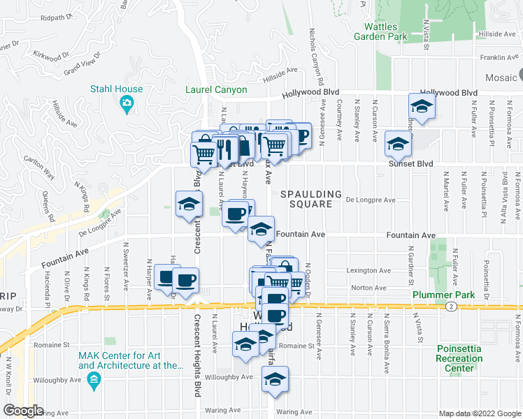 map of restaurants, bars, coffee shops, grocery stores, and more near 1319 North Fairfax Avenue in West Hollywood