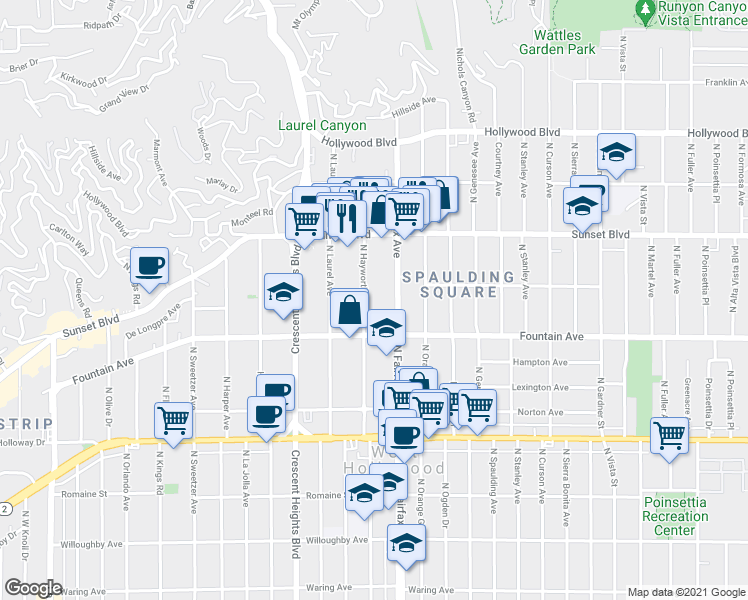 map of restaurants, bars, coffee shops, grocery stores, and more near 1319 North Fairfax Avenue in West Hollywood