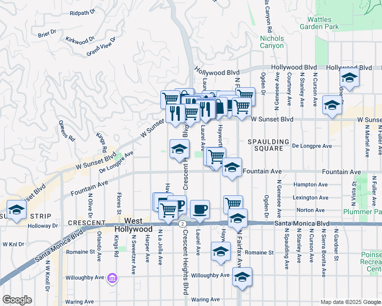map of restaurants, bars, coffee shops, grocery stores, and more near 1321 North Laurel Avenue in West Hollywood