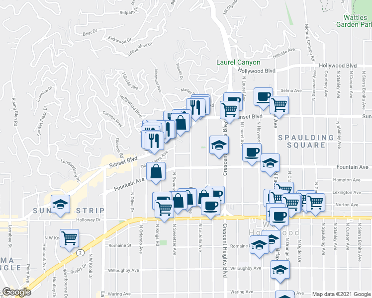 map of restaurants, bars, coffee shops, grocery stores, and more near 8277 Fountain Avenue in West Hollywood