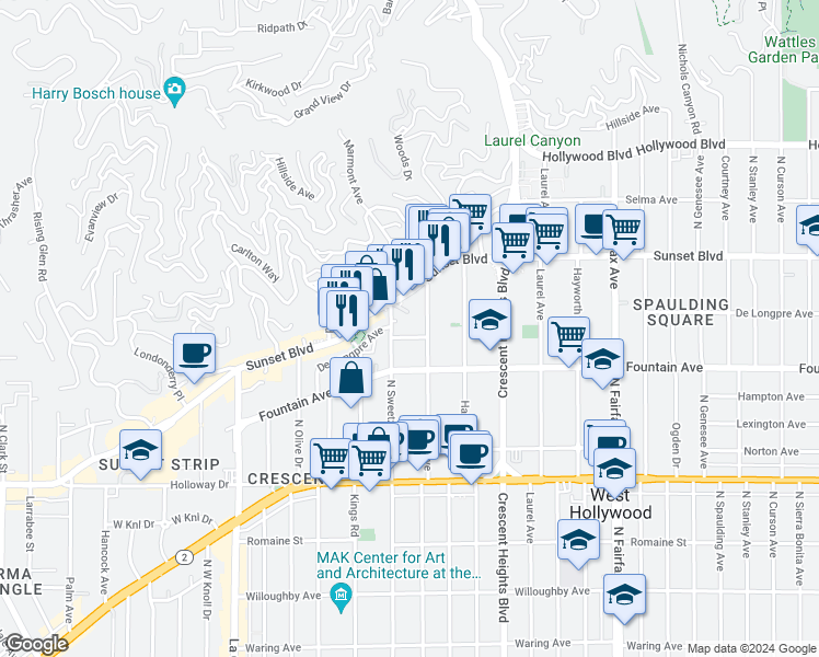 map of restaurants, bars, coffee shops, grocery stores, and more near 8277 Fountain Avenue in West Hollywood