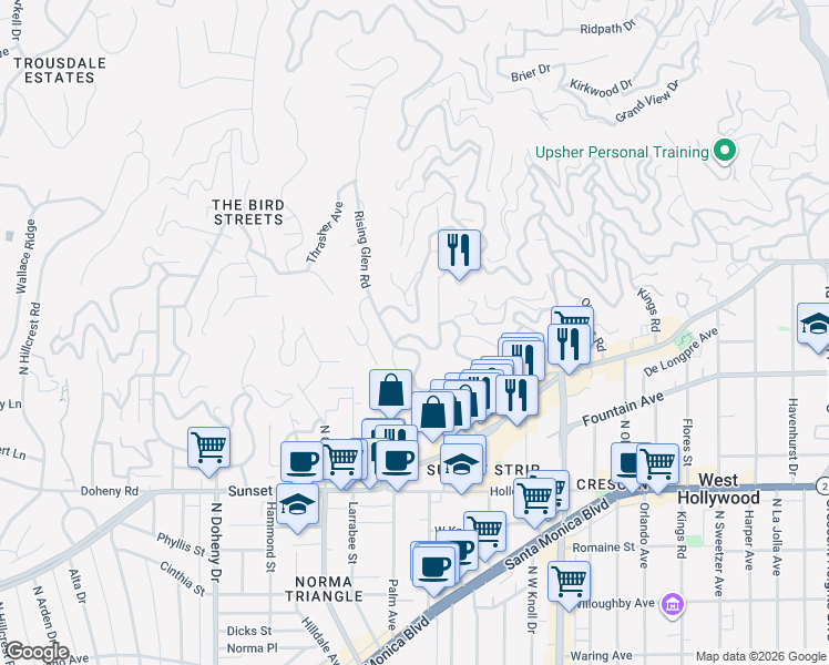 map of restaurants, bars, coffee shops, grocery stores, and more near 1270 Sunset Plaza Drive in Los Angeles