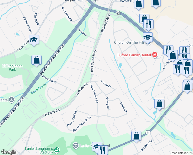 map of restaurants, bars, coffee shops, grocery stores, and more near in Sugar Hill