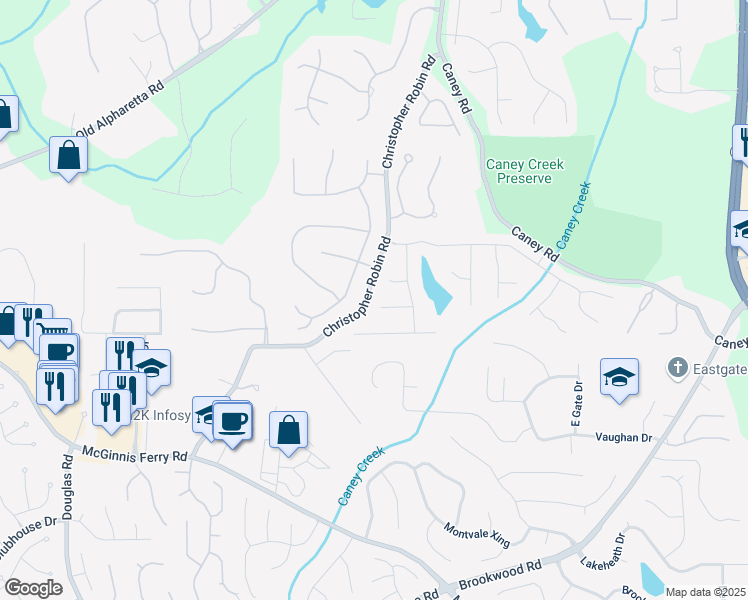 map of restaurants, bars, coffee shops, grocery stores, and more near 1745 Stoney Brook Way in Alpharetta