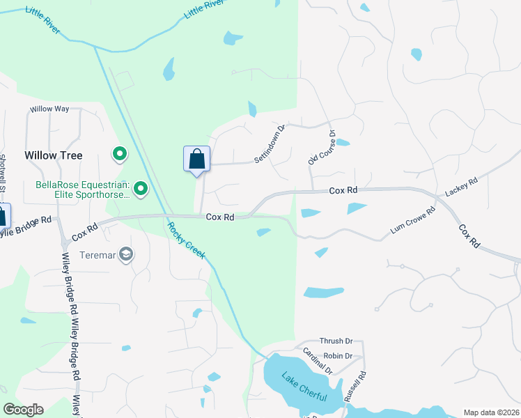 map of restaurants, bars, coffee shops, grocery stores, and more near 2206 Cox Road in Woodstock