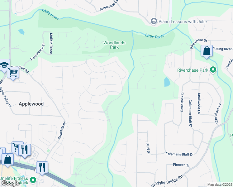 map of restaurants, bars, coffee shops, grocery stores, and more near 203 Revillion Way in Woodstock