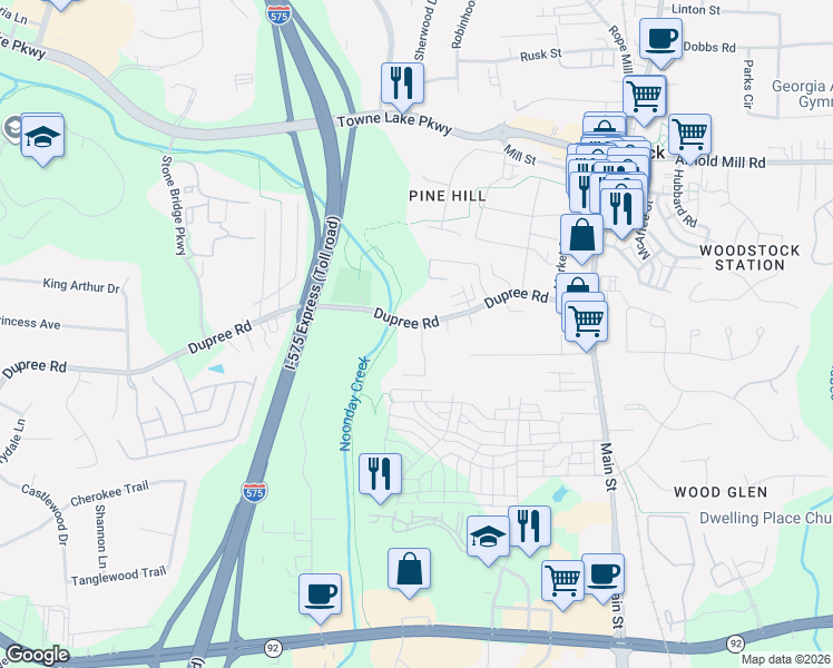 map of restaurants, bars, coffee shops, grocery stores, and more near 102 Creekwood Drive in Woodstock
