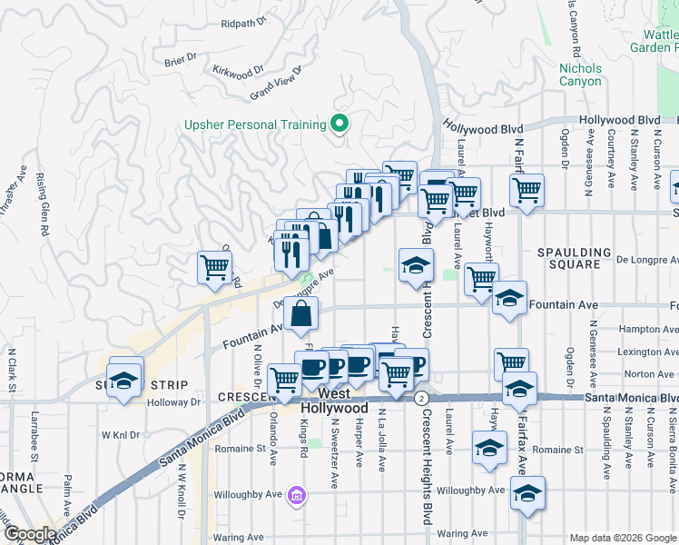 map of restaurants, bars, coffee shops, grocery stores, and more near 1400 North Sweetzer Avenue in West Hollywood