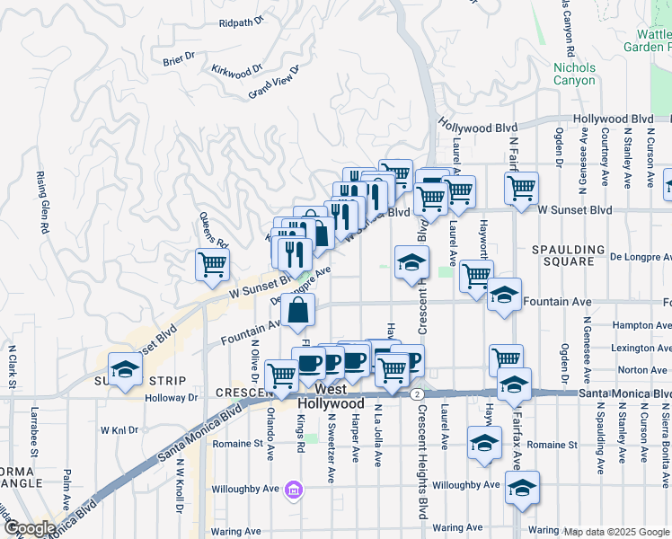 map of restaurants, bars, coffee shops, grocery stores, and more near 1400 North Sweetzer Avenue in West Hollywood