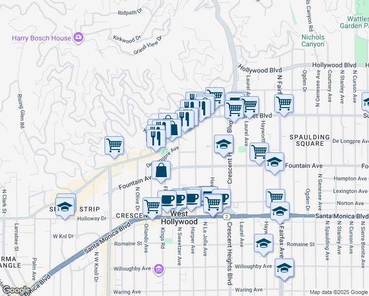 map of restaurants, bars, coffee shops, grocery stores, and more near 8231 De Longpre Avenue in West Hollywood