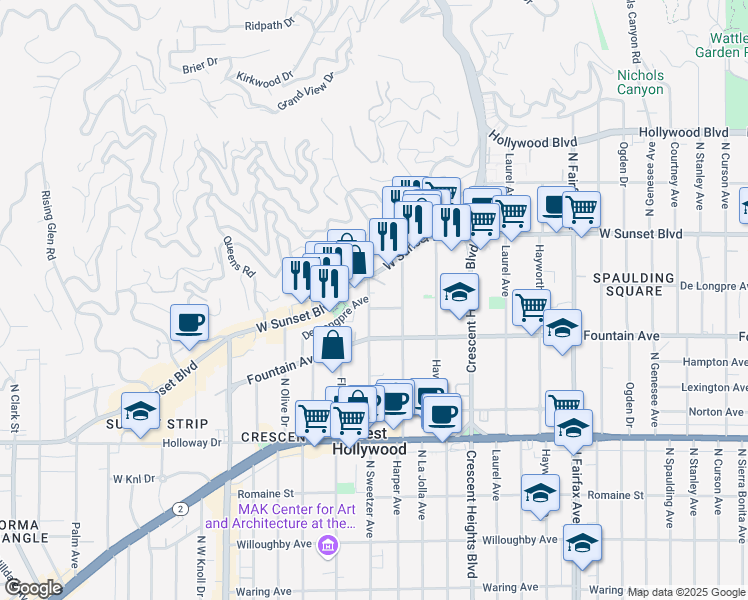 map of restaurants, bars, coffee shops, grocery stores, and more near 1400 North Sweetzer Avenue in West Hollywood