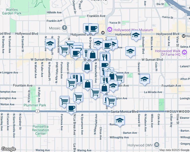 map of restaurants, bars, coffee shops, grocery stores, and more near 1347 North Mansfield Avenue in Los Angeles