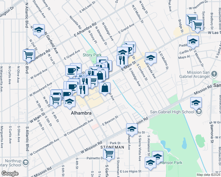 map of restaurants, bars, coffee shops, grocery stores, and more near 100 South Chapel Avenue in Alhambra