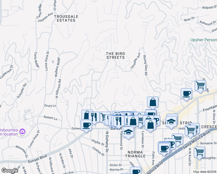 map of restaurants, bars, coffee shops, grocery stores, and more near 9199 Thrasher Avenue in Los Angeles