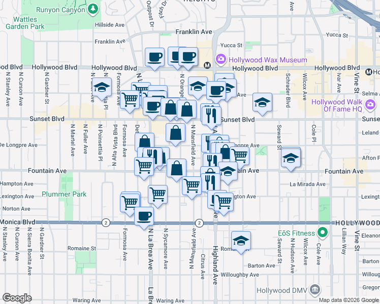map of restaurants, bars, coffee shops, grocery stores, and more near 1347 North Mansfield Avenue in Los Angeles