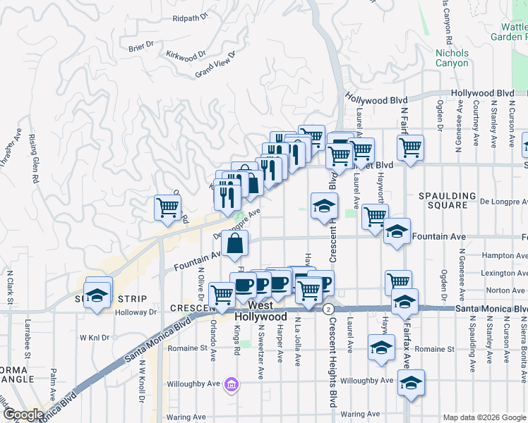 map of restaurants, bars, coffee shops, grocery stores, and more near 1400 North Sweetzer Avenue in West Hollywood