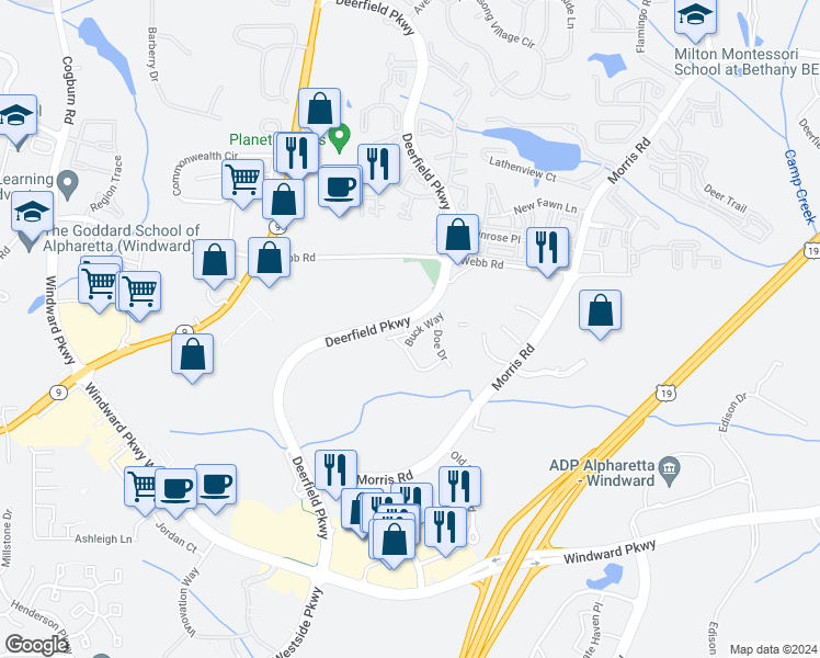 map of restaurants, bars, coffee shops, grocery stores, and more near 3192 Buck Way in Alpharetta