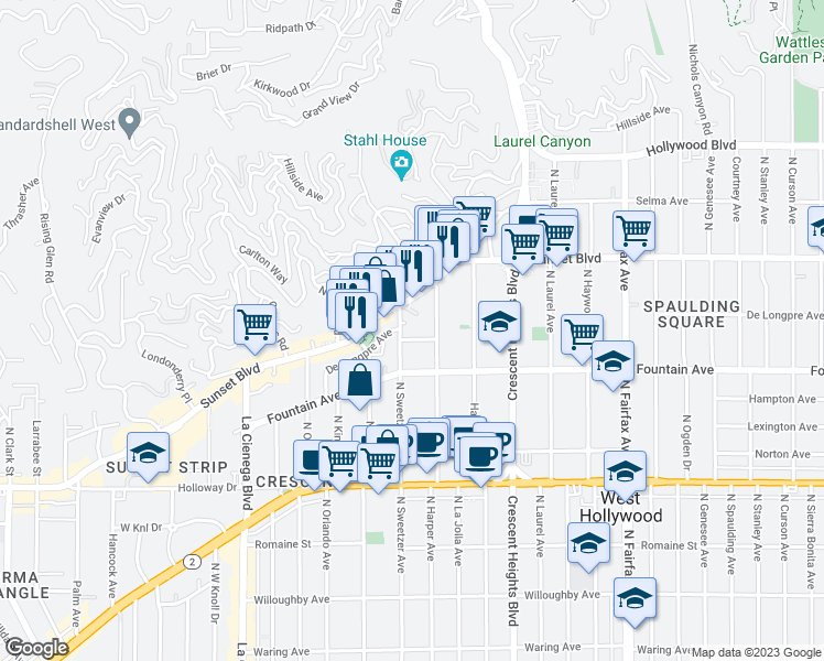 map of restaurants, bars, coffee shops, grocery stores, and more near 8231 De Longpre Avenue in West Hollywood