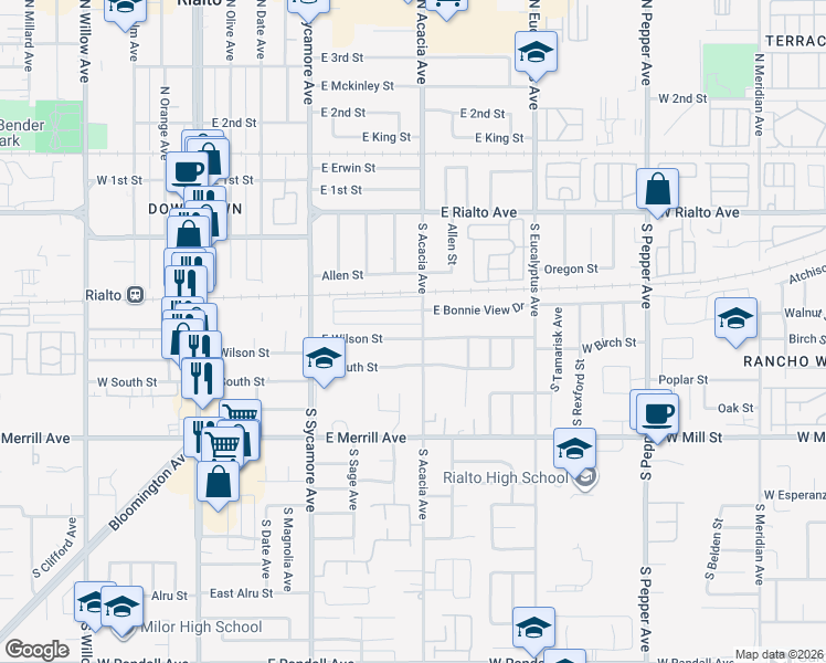 map of restaurants, bars, coffee shops, grocery stores, and more near 456 East Wilson Street in Rialto