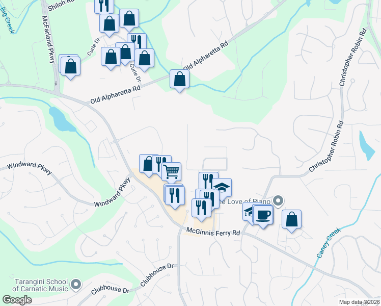 map of restaurants, bars, coffee shops, grocery stores, and more near 4965 Hastings Terrace in Alpharetta