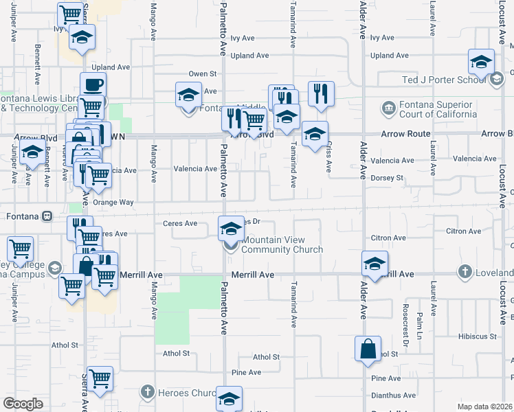 map of restaurants, bars, coffee shops, grocery stores, and more near 17391 Orange Way in Fontana