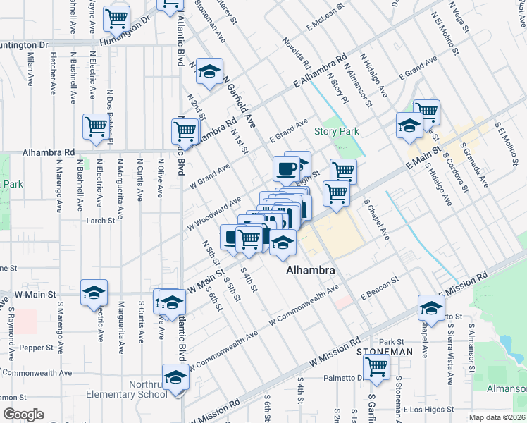 map of restaurants, bars, coffee shops, grocery stores, and more near 108 North 2nd Street in Alhambra