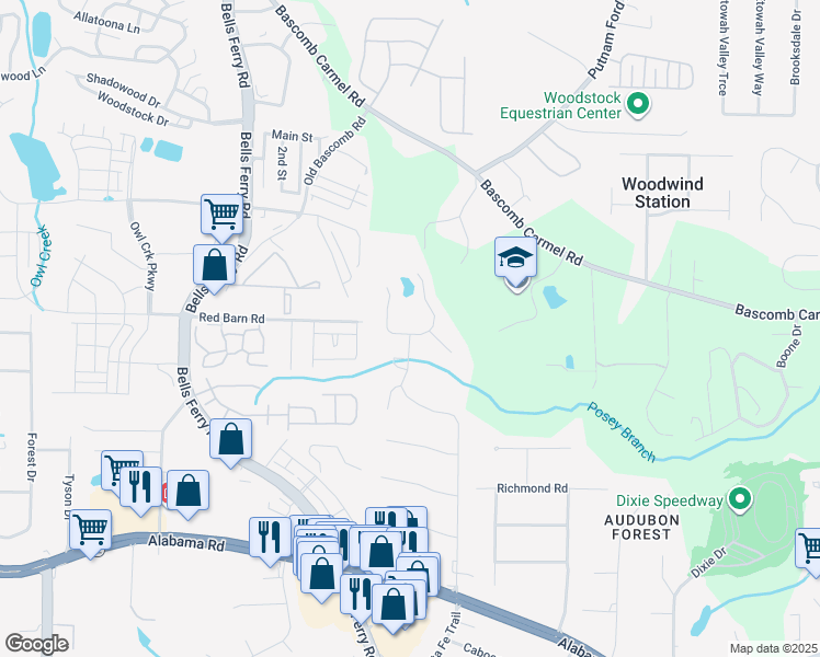 map of restaurants, bars, coffee shops, grocery stores, and more near 623 Glendale Forest Drive in Woodstock