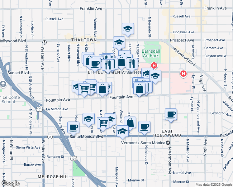 map of restaurants, bars, coffee shops, grocery stores, and more near 1312 Mariposa Avenue in Los Angeles